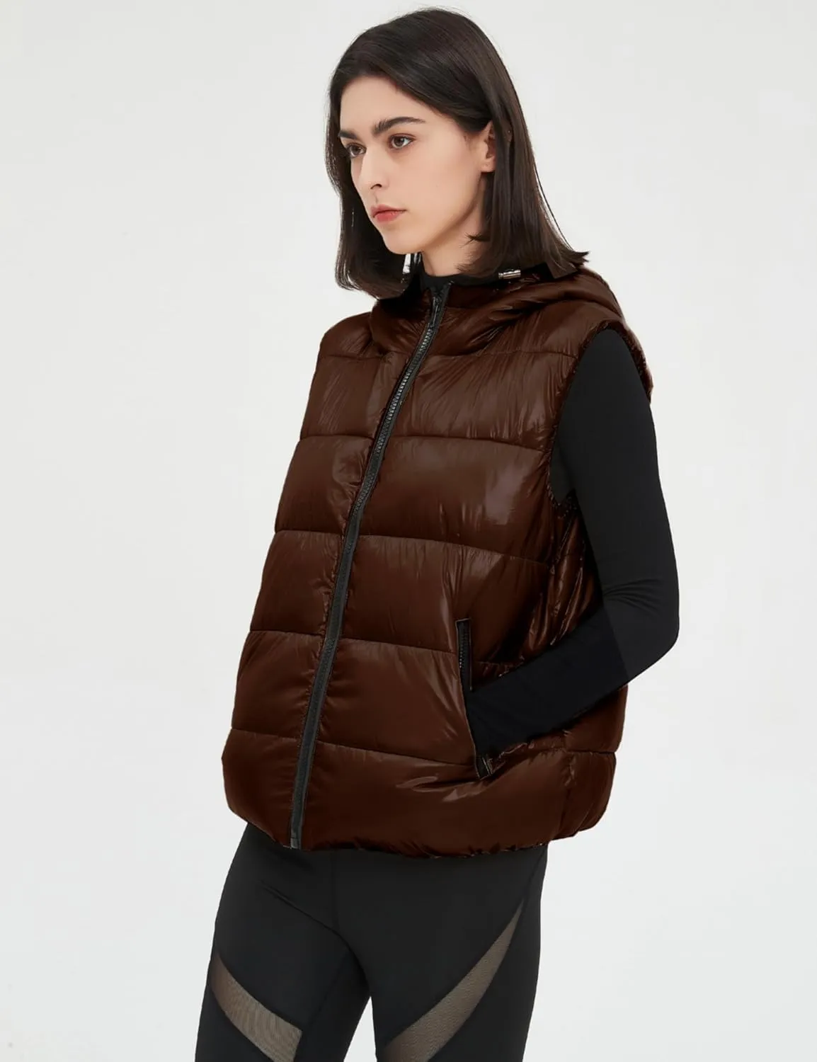SeekMe Women's Hooded Shiny Insulated Puffer Vest Sleeveless Down Puffer Jacket