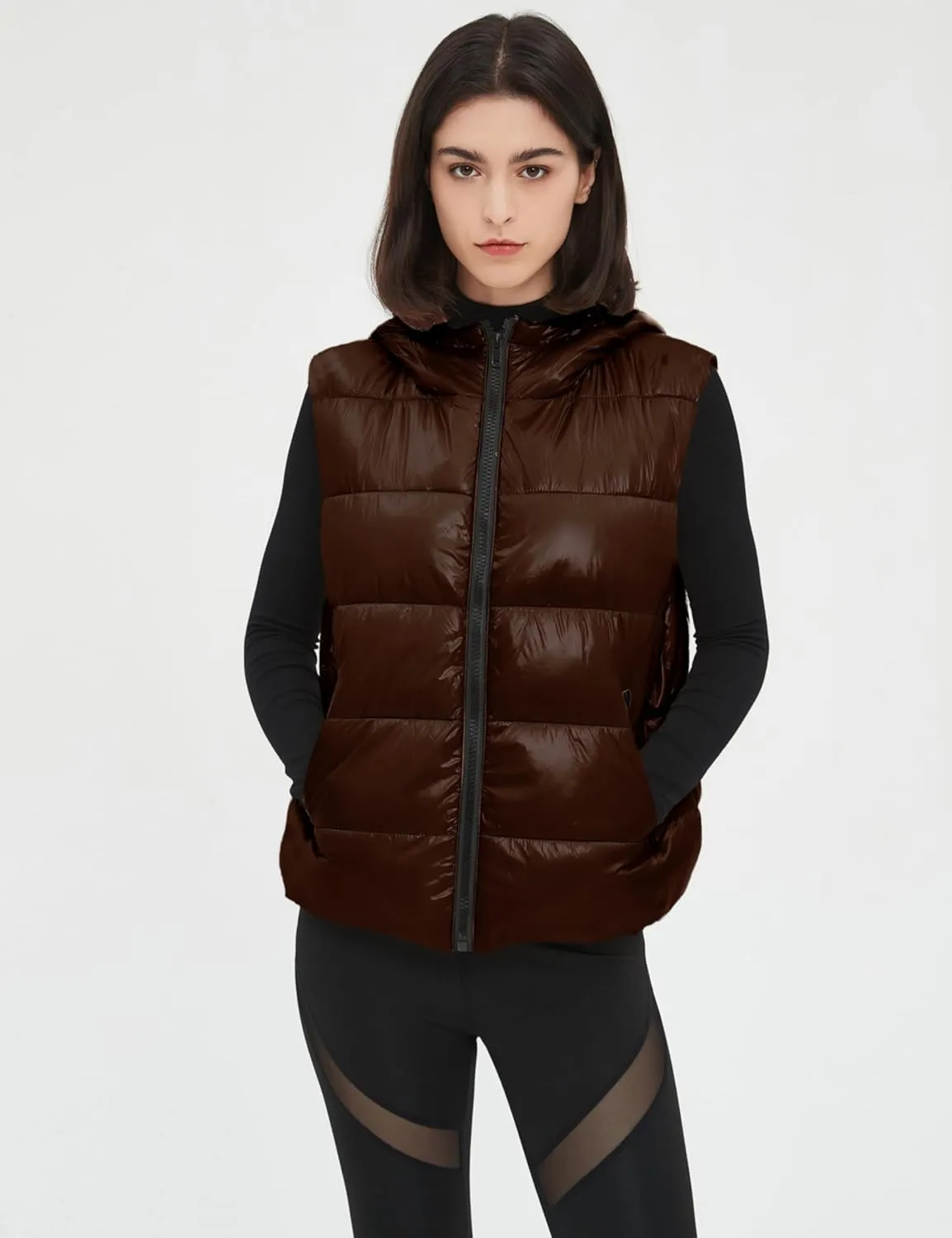 SeekMe Women's Hooded Shiny Insulated Puffer Vest Sleeveless Down Puffer Jacket