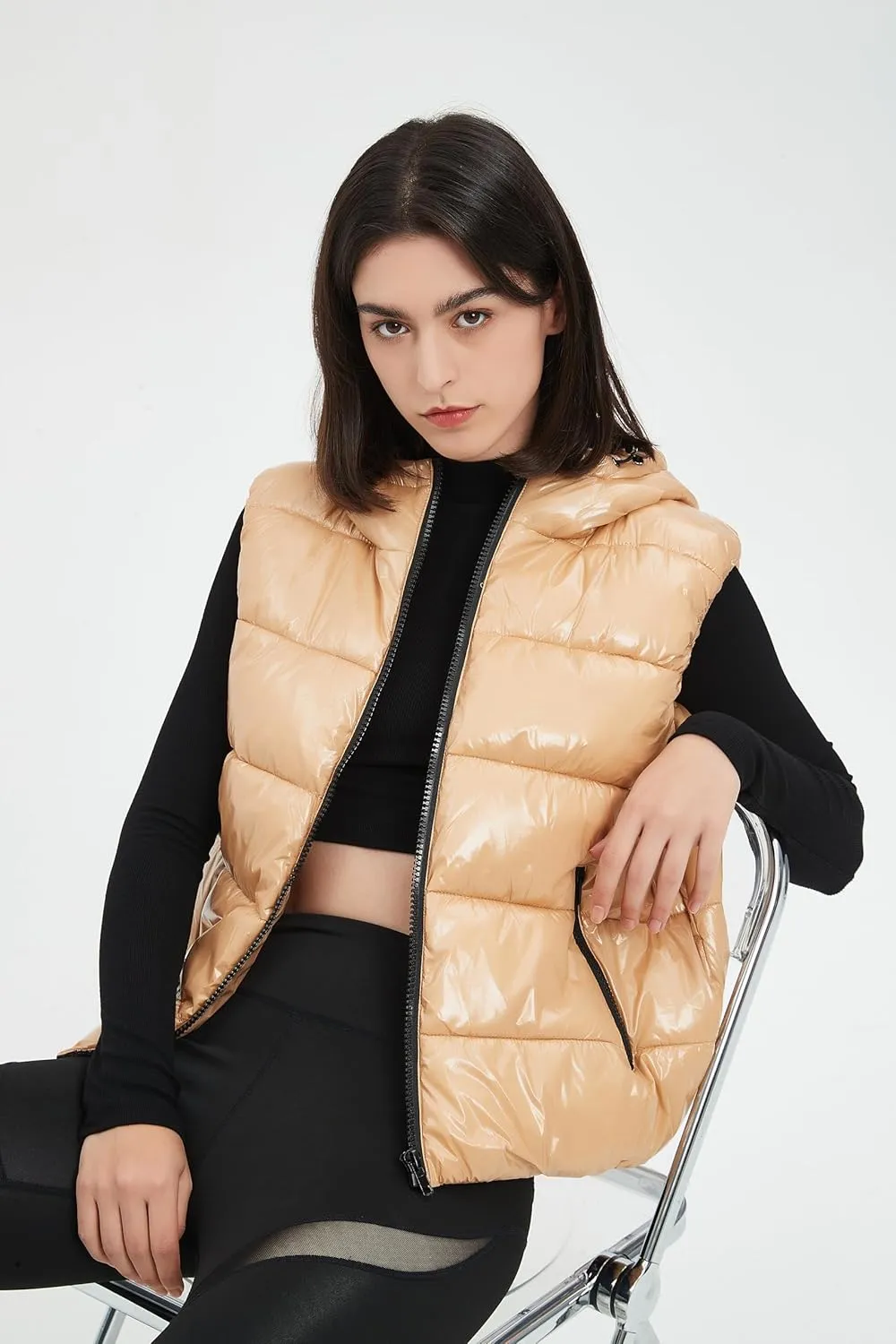 SeekMe Women's Hooded Shiny Insulated Puffer Vest Sleeveless Down Puffer Jacket