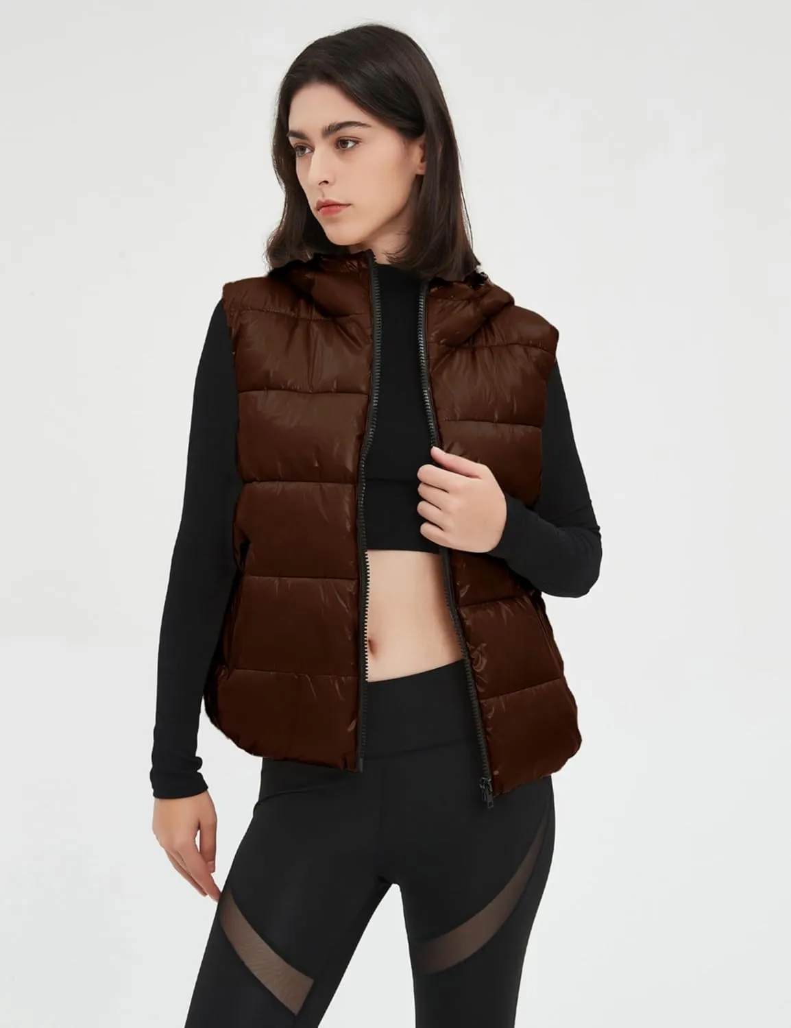 SeekMe Women's Hooded Shiny Insulated Puffer Vest Sleeveless Down Puffer Jacket