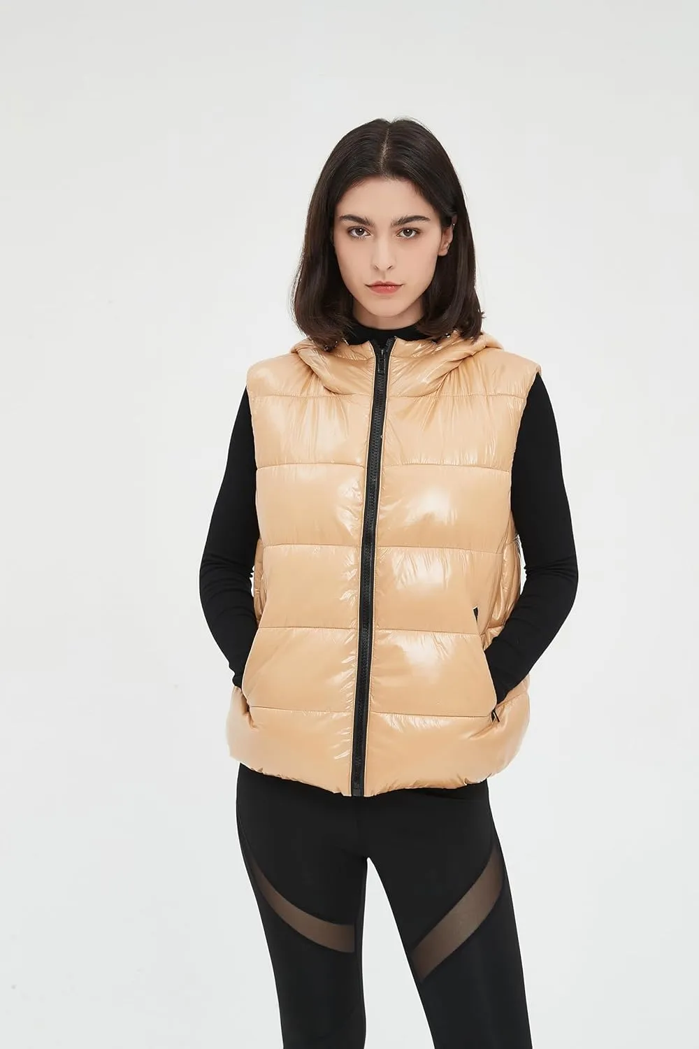 SeekMe Women's Hooded Shiny Insulated Puffer Vest Sleeveless Down Puffer Jacket