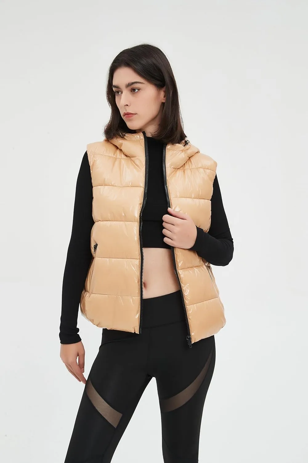 SeekMe Women's Hooded Shiny Insulated Puffer Vest Sleeveless Down Puffer Jacket