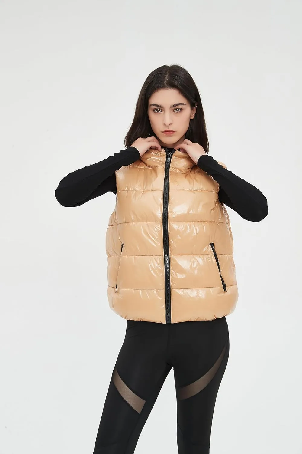 SeekMe Women's Hooded Shiny Insulated Puffer Vest Sleeveless Down Puffer Jacket