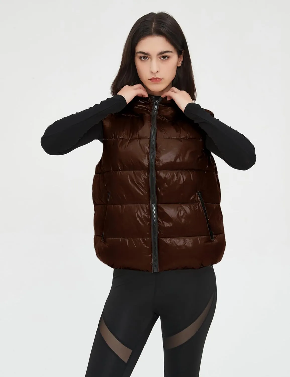 SeekMe Women's Hooded Shiny Insulated Puffer Vest Sleeveless Down Puffer Jacket