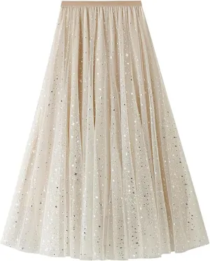 Sequin Tulle Skirts for Women Midi Long Fairy Skirt Tutu A-Line Skirt Mesh Layered Elastic Waist Sparkly Petticoat