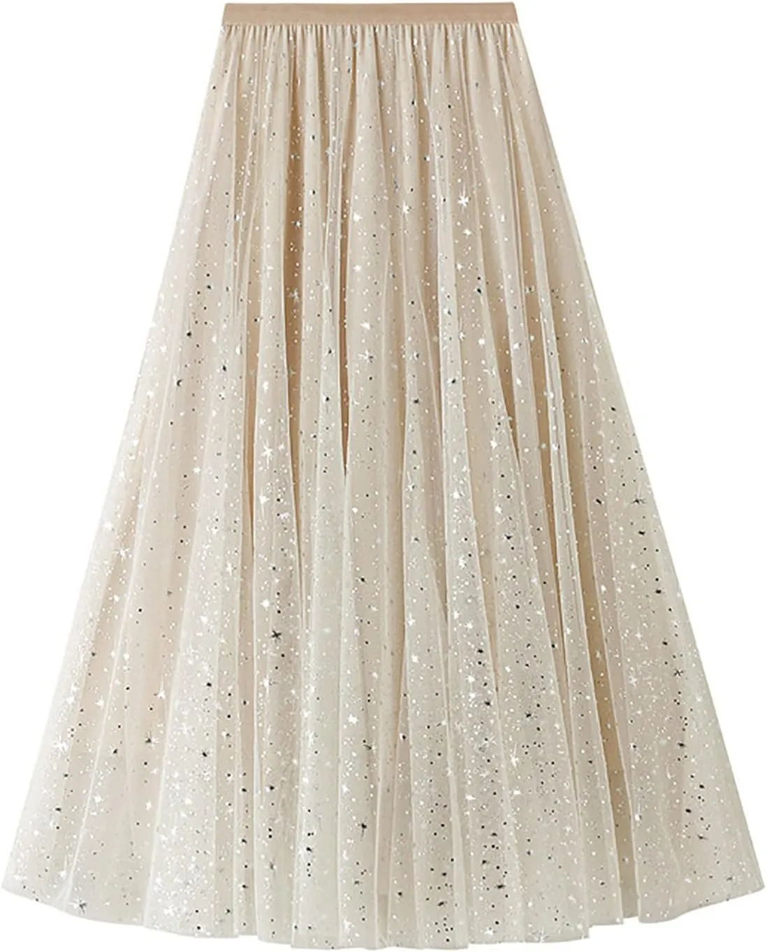 Sequin Tulle Skirts for Women Midi Long Fairy Skirt Tutu A-Line Skirt Mesh Layered Elastic Waist Sparkly Petticoat