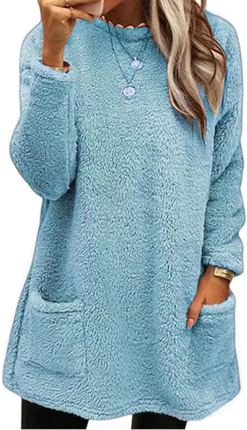 SHAOBGE Womens 2023 Winter Fleece Jacket Sweater Warm Solid Color Outerwear Lightweight Casual Loose Coat with Pockets