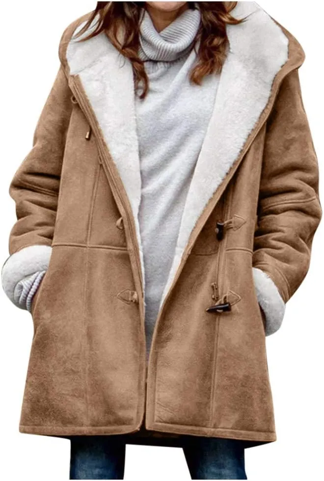 SHAOBGE Womens Plus Size Winter Coats Warm Sherpa Fleece Lined Jackets Hooded Parka Faux Suede Pea Coat Outerwear 2024