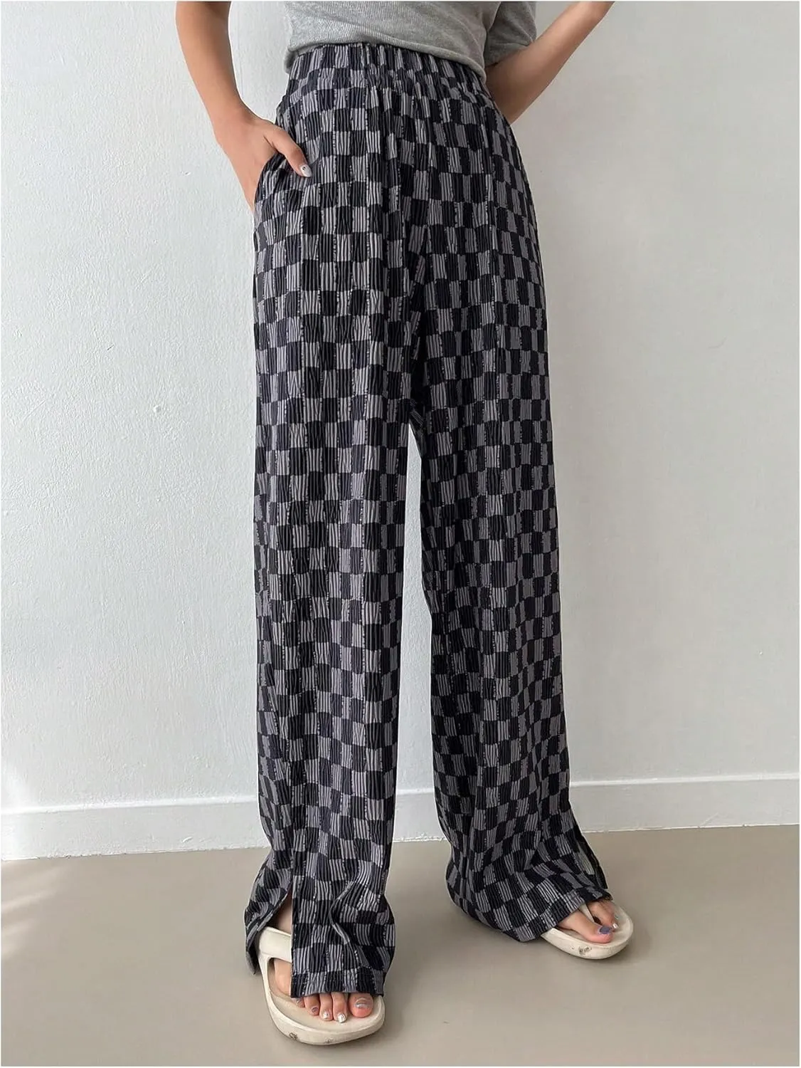 SHENHE Women's Checkered Pants Split Hem Straight Leg Elastic Waist Casual Loose Pants