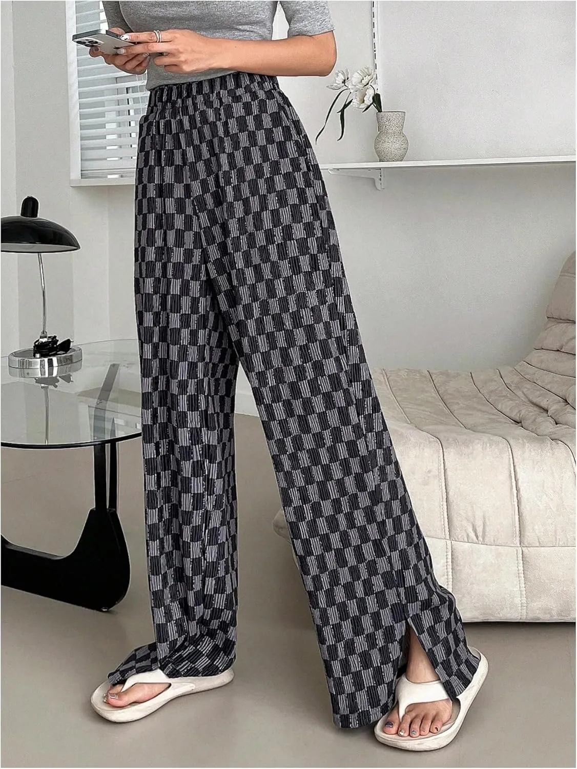 SHENHE Women's Checkered Pants Split Hem Straight Leg Elastic Waist Casual Loose Pants
