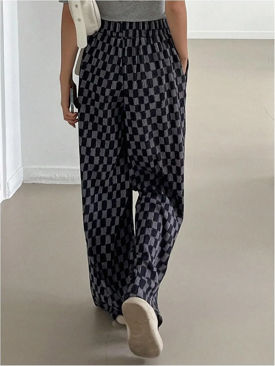 SHENHE Women's Checkered Pants Split Hem Straight Leg Elastic Waist Casual Loose Pants