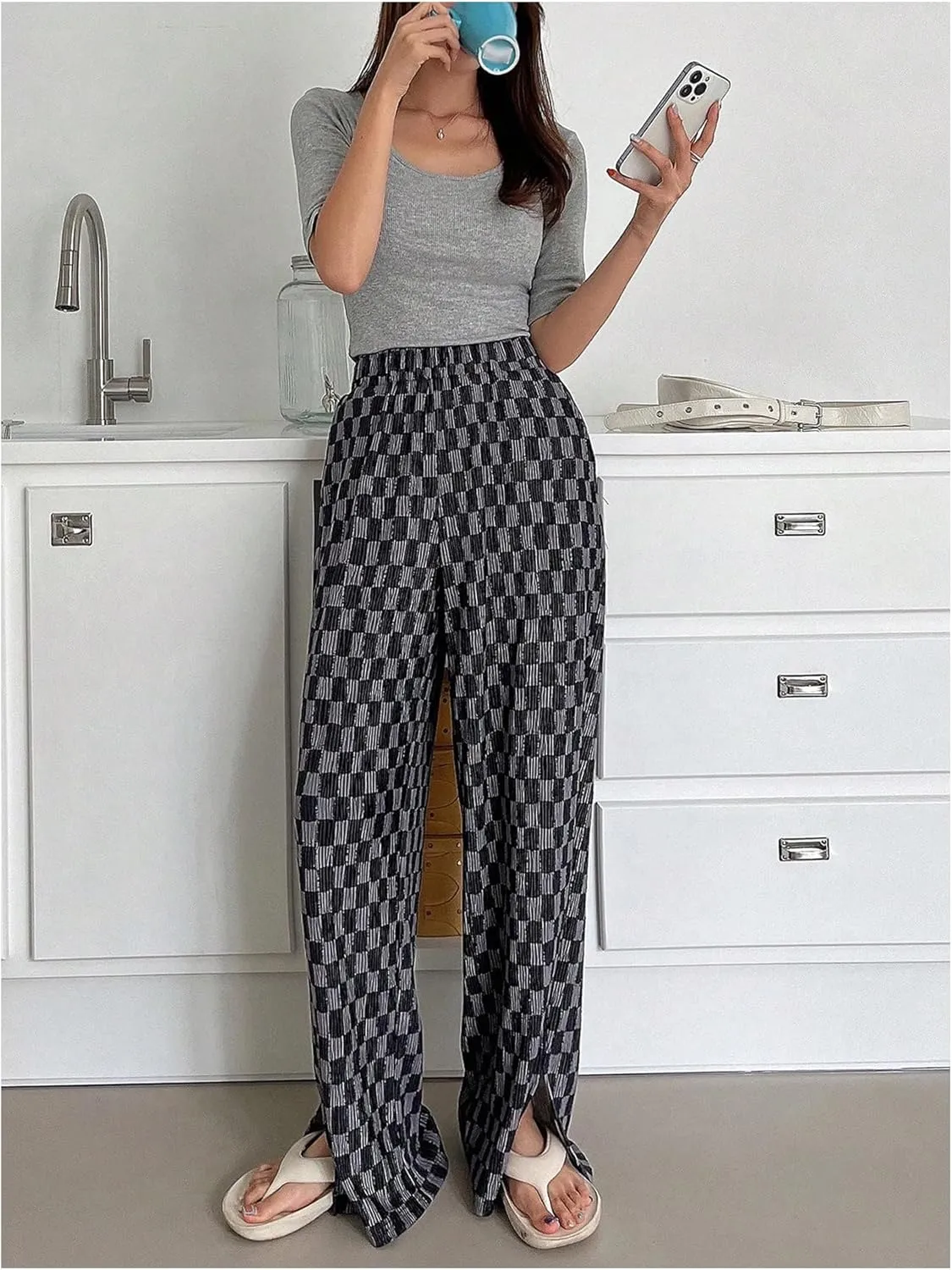 SHENHE Women's Checkered Pants Split Hem Straight Leg Elastic Waist Casual Loose Pants
