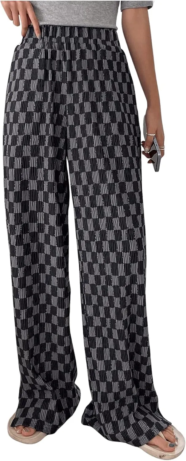 SHENHE Women's Checkered Pants Split Hem Straight Leg Elastic Waist Casual Loose Pants