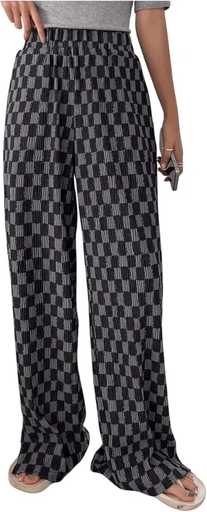 SHENHE Women's Checkered Pants Split Hem Straight Leg Elastic Waist Casual Loose Pants