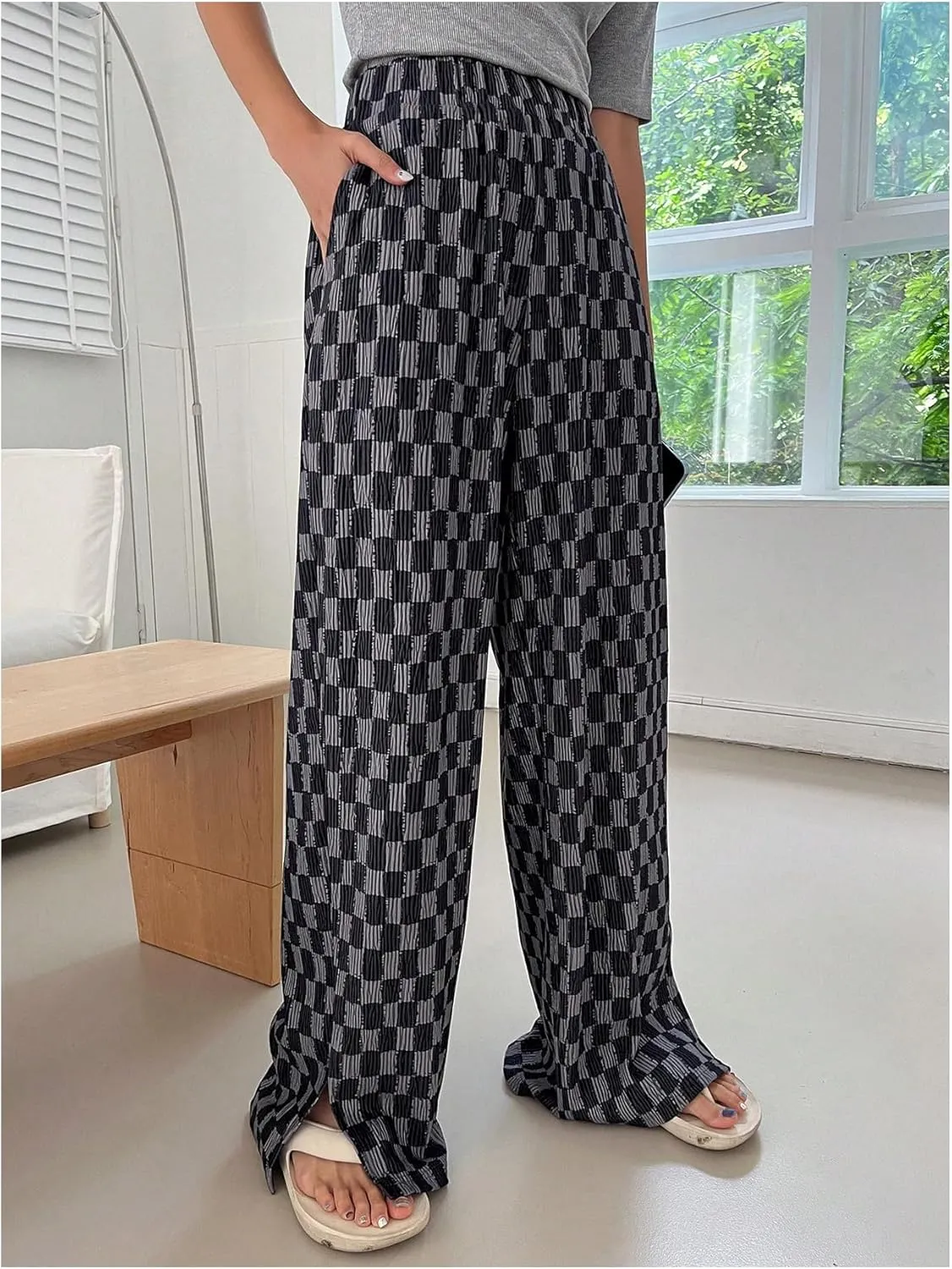 SHENHE Women's Checkered Pants Split Hem Straight Leg Elastic Waist Casual Loose Pants