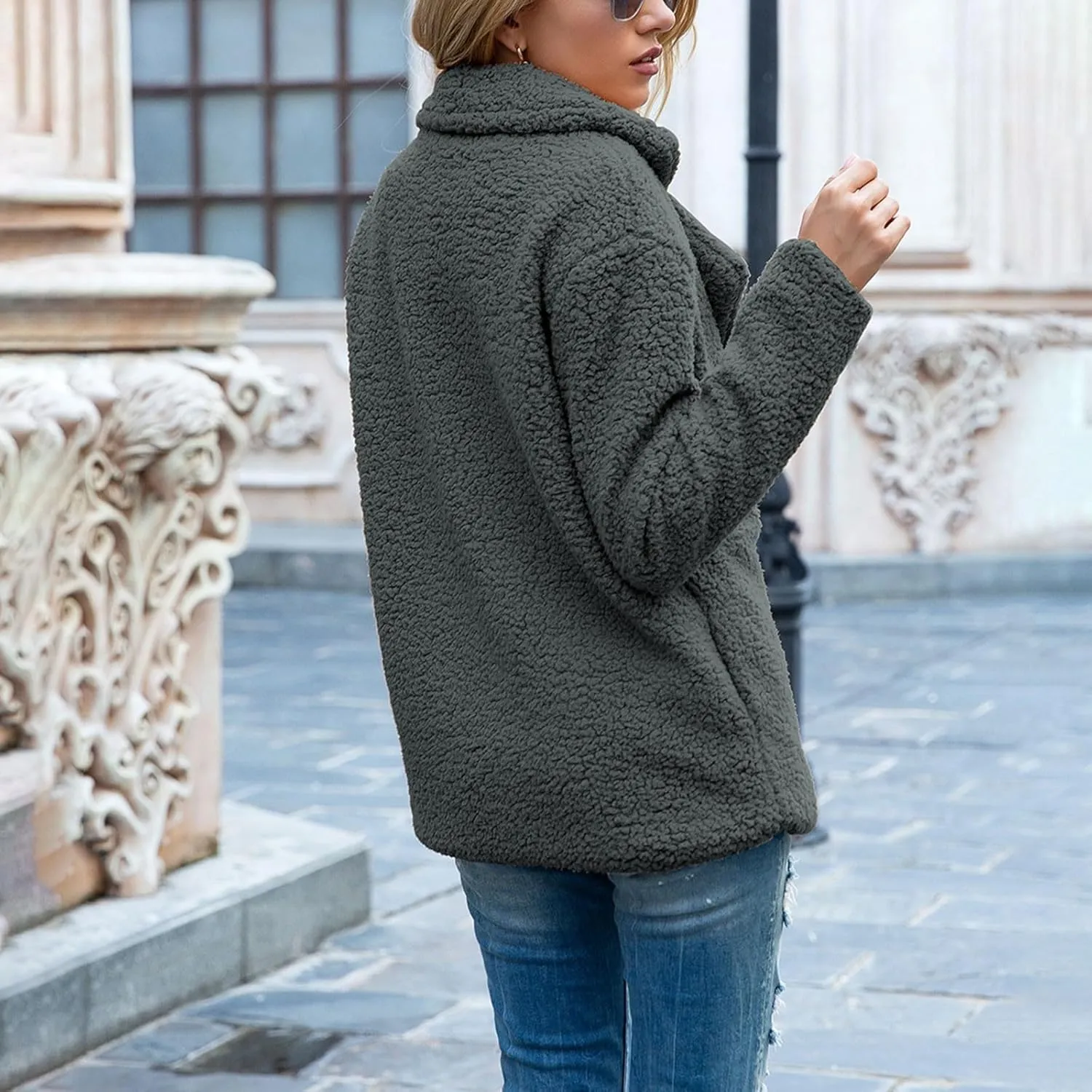 Sherpa Faux Fur Coat for Women Open Front Lapel Long Sleeve Sweater Blazer Fuzzy Teddy Fleece Jacket Winter Outfits