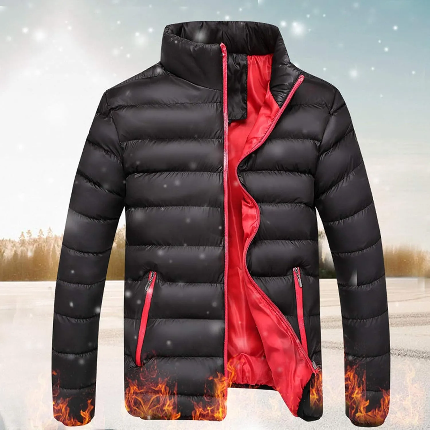 SHOPESSA Men's Winter Coat Casual Mock Neck Zip Up Down Jacket Padded Bomber Jacket Men Relaxed Fit Diamond Quilted Jackets