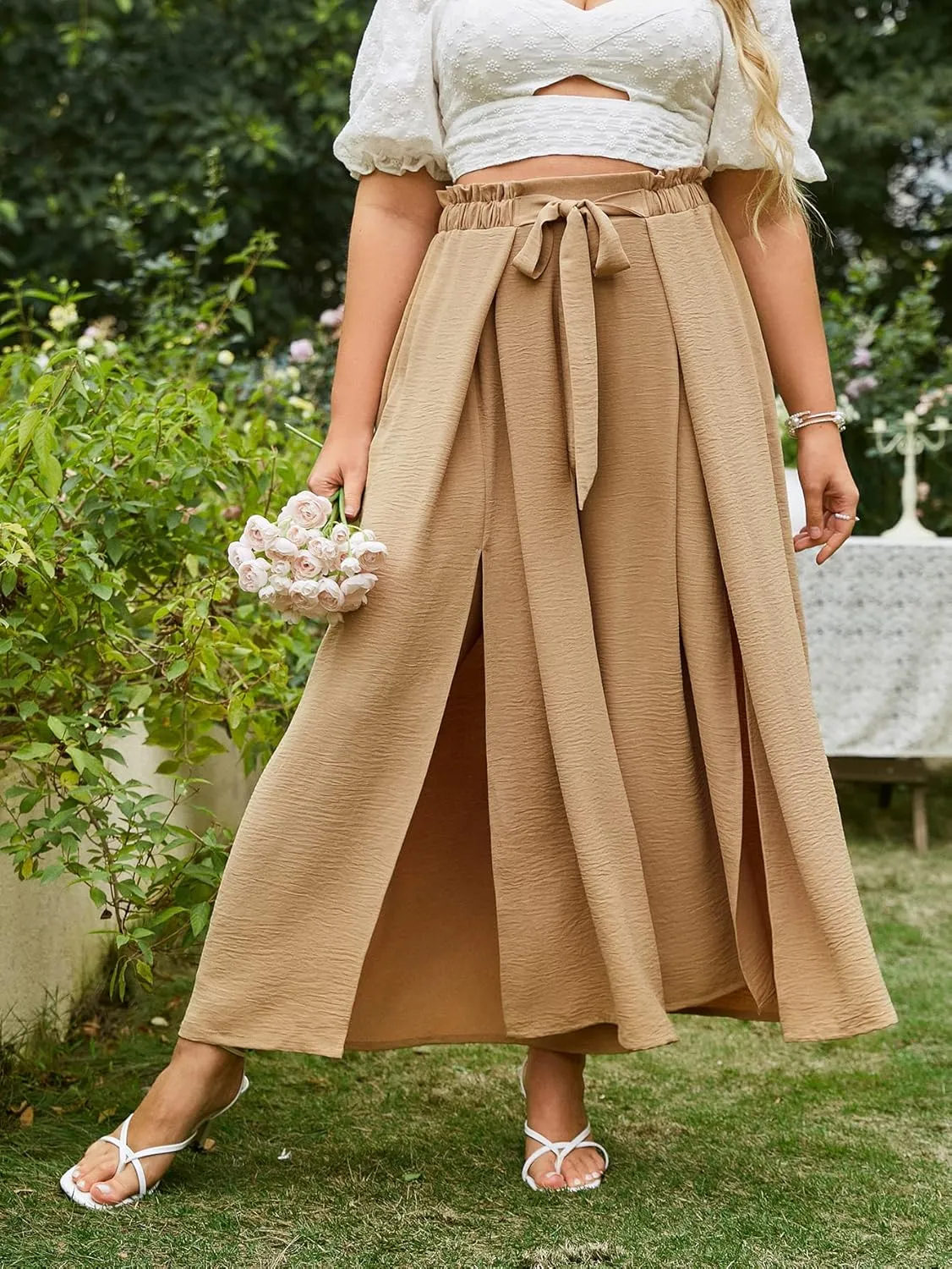 Simplee Women's Casual Split Wide Leg Pants High Waist Palazzo Flowy Beach Pants Summer Boho Lounge Pants with Pockets