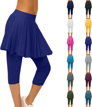 Skirted Leggings for Women High Waist Knee Length Golf Tennis Capri Yoga Pants Pleated Skirt Athletic Running Skorts