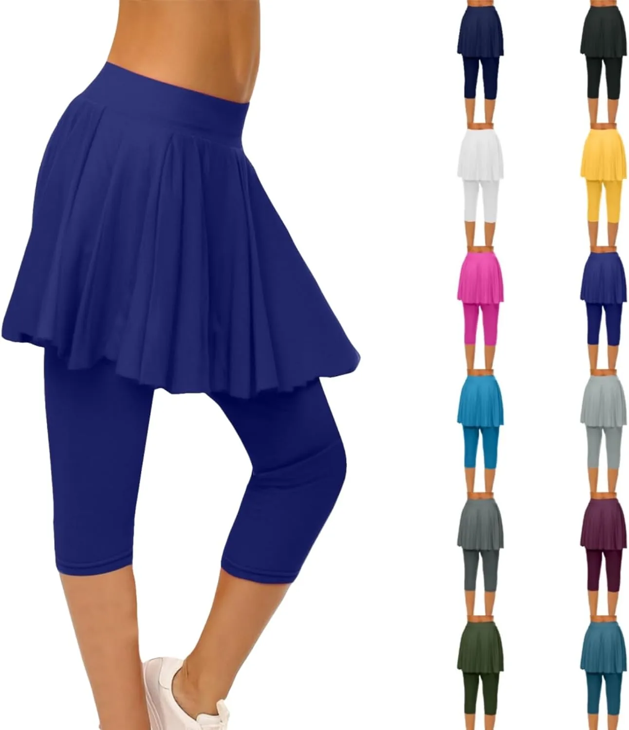 Skirted Leggings for Women High Waist Knee Length Golf Tennis Capri Yoga Pants Pleated Skirt Athletic Running Skorts