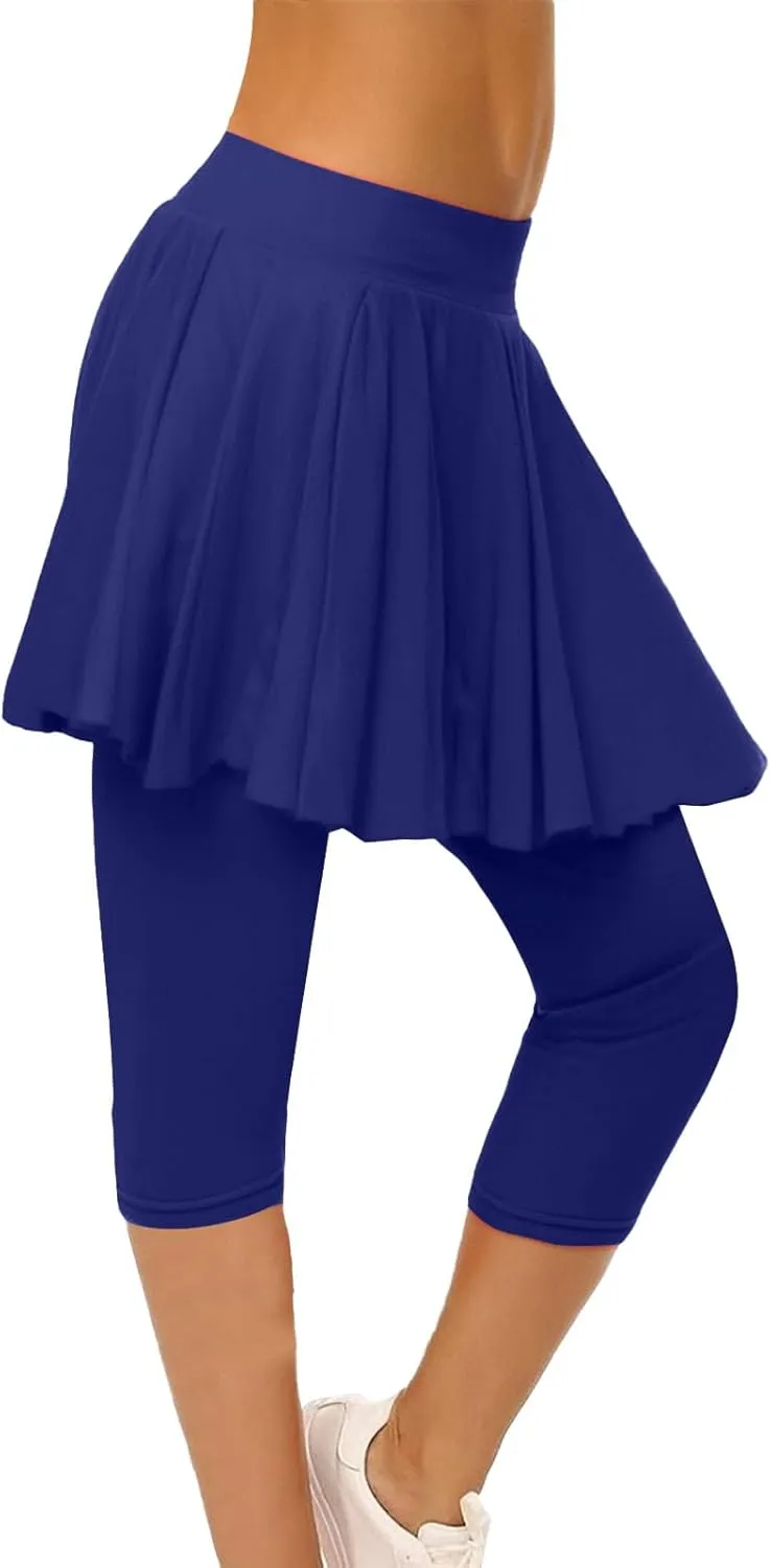 Skirted Leggings for Women High Waist Knee Length Golf Tennis Capri Yoga Pants Pleated Skirt Athletic Running Skorts