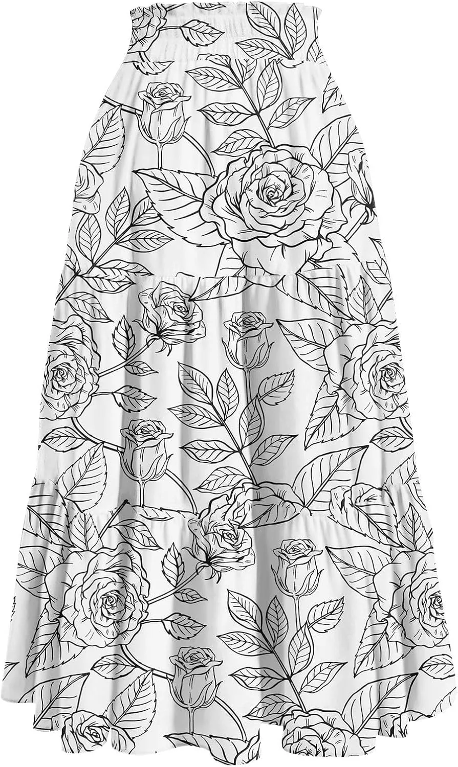 Skirts for Women Summer Tiered Elastic High Waisted Floral Skirt Vacation A Line Drawstring Flowy Long Skirts