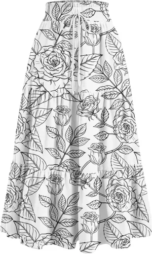 Skirts for Women Summer Tiered Elastic High Waisted Floral Skirt Vacation A Line Drawstring Flowy Long Skirts