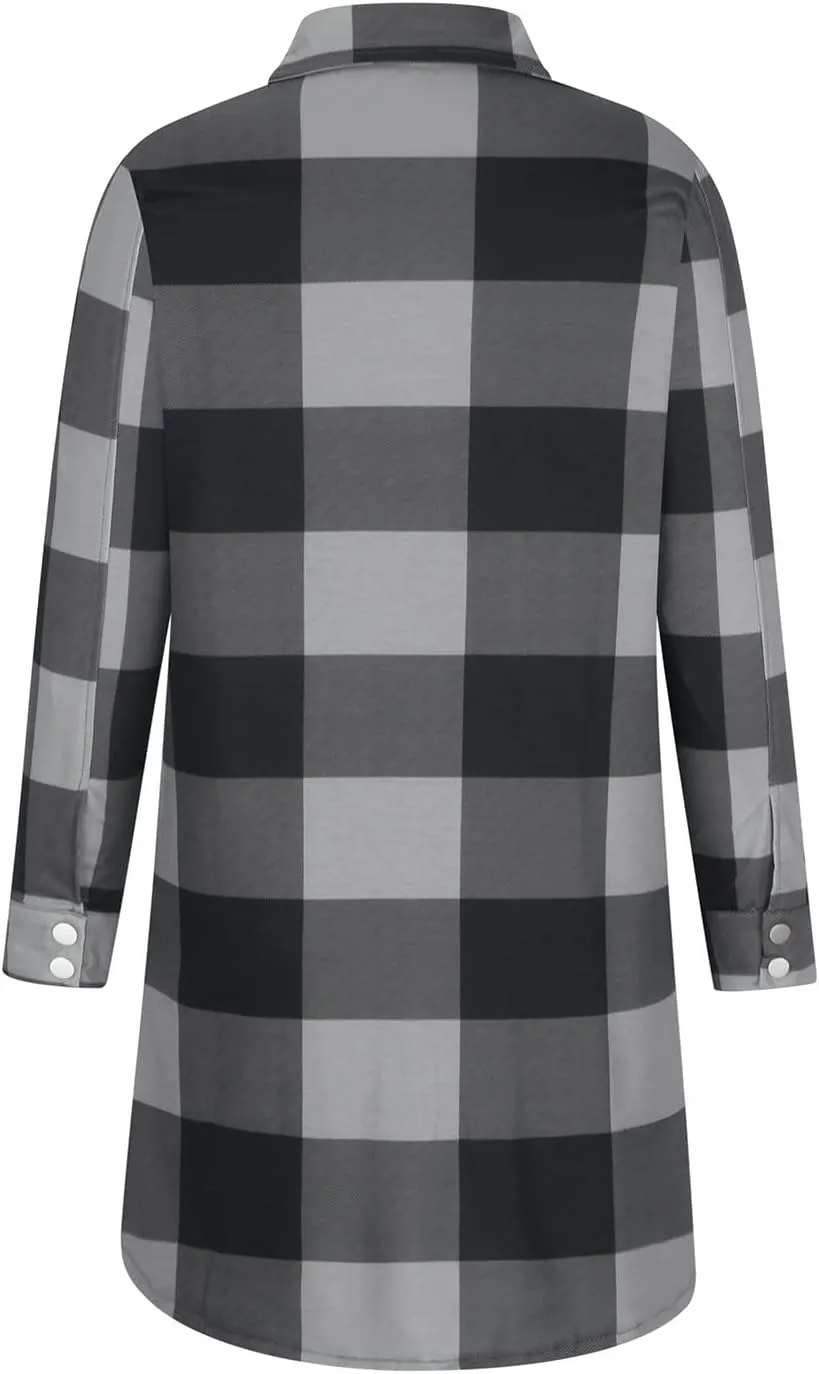 SMIDOW Womens Fall 2023 Casual Button Cardigan Jacket Outwears Flannel Plaid Long Shacket Jacket Tartan Trench Coat