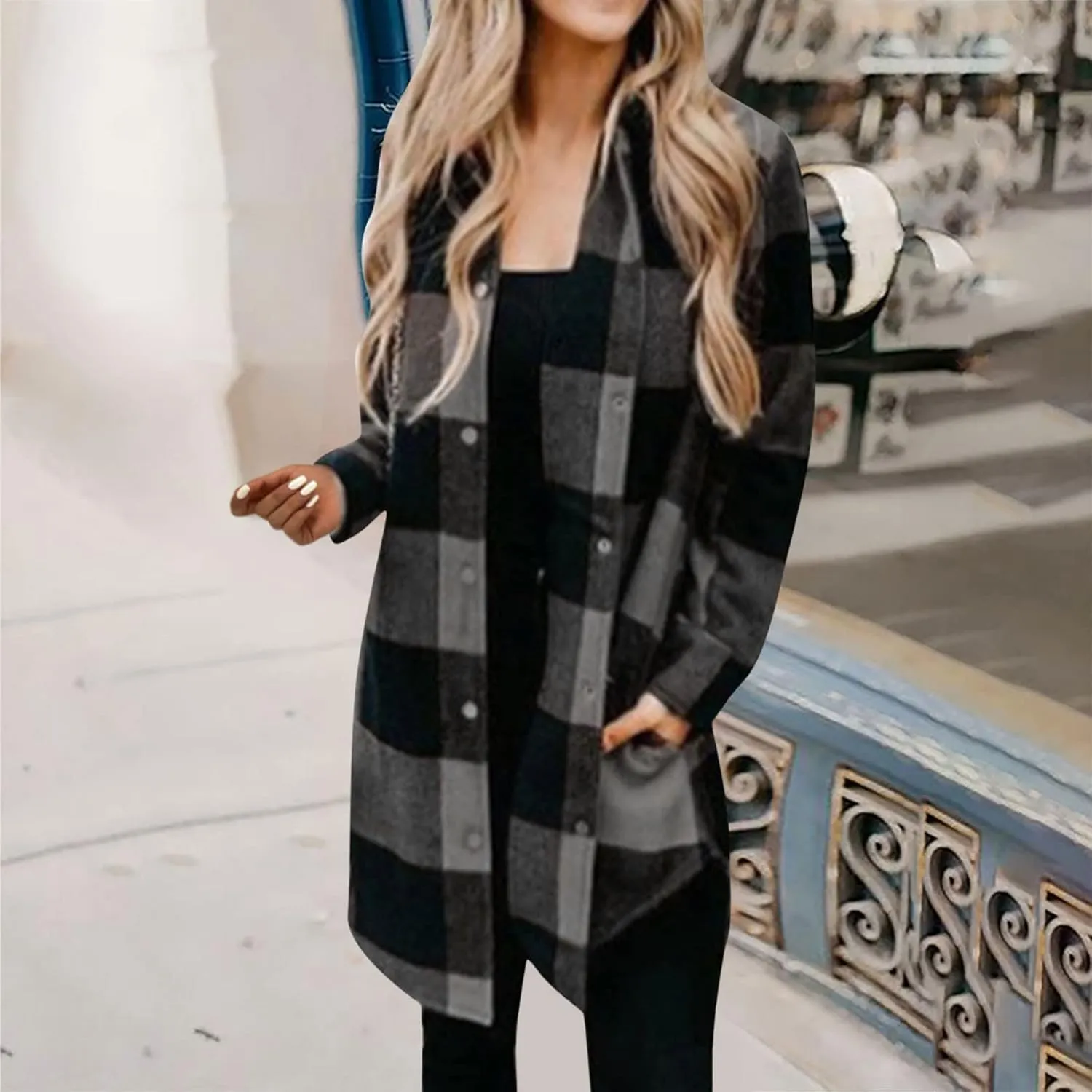 SMIDOW Womens Fall 2023 Casual Button Cardigan Jacket Outwears Flannel Plaid Long Shacket Jacket Tartan Trench Coat
