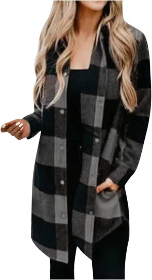 SMIDOW Womens Fall 2023 Casual Button Cardigan Jacket Outwears Flannel Plaid Long Shacket Jacket Tartan Trench Coat