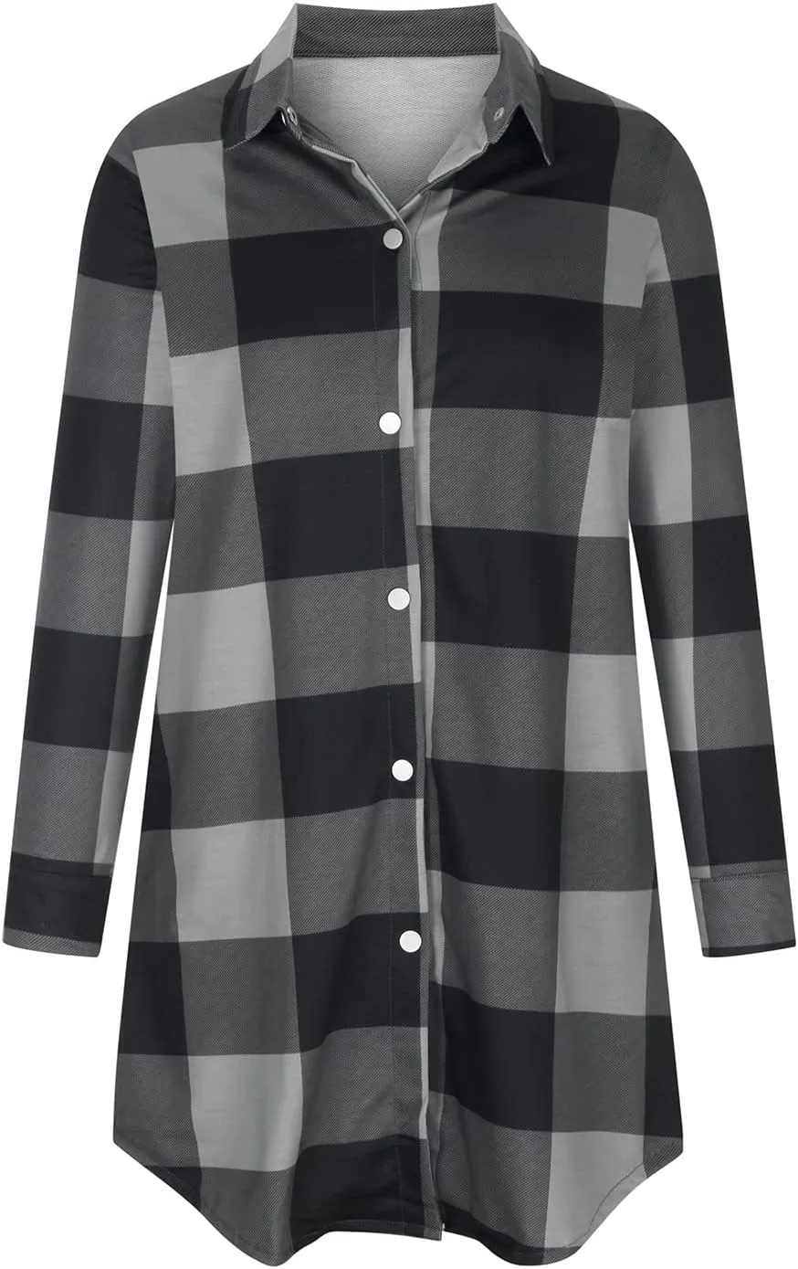 SMIDOW Womens Fall 2023 Casual Button Cardigan Jacket Outwears Flannel Plaid Long Shacket Jacket Tartan Trench Coat
