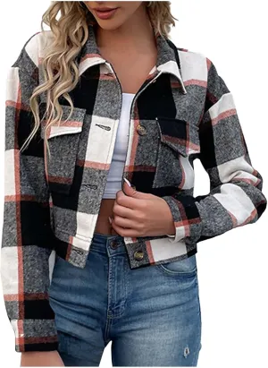 SMIDOW Women's Flannel Plaid Cropped Shacket Jacket Lapel Button Down Fall Fashion 2023 Woolen Coats Outerwear Casual Jackets