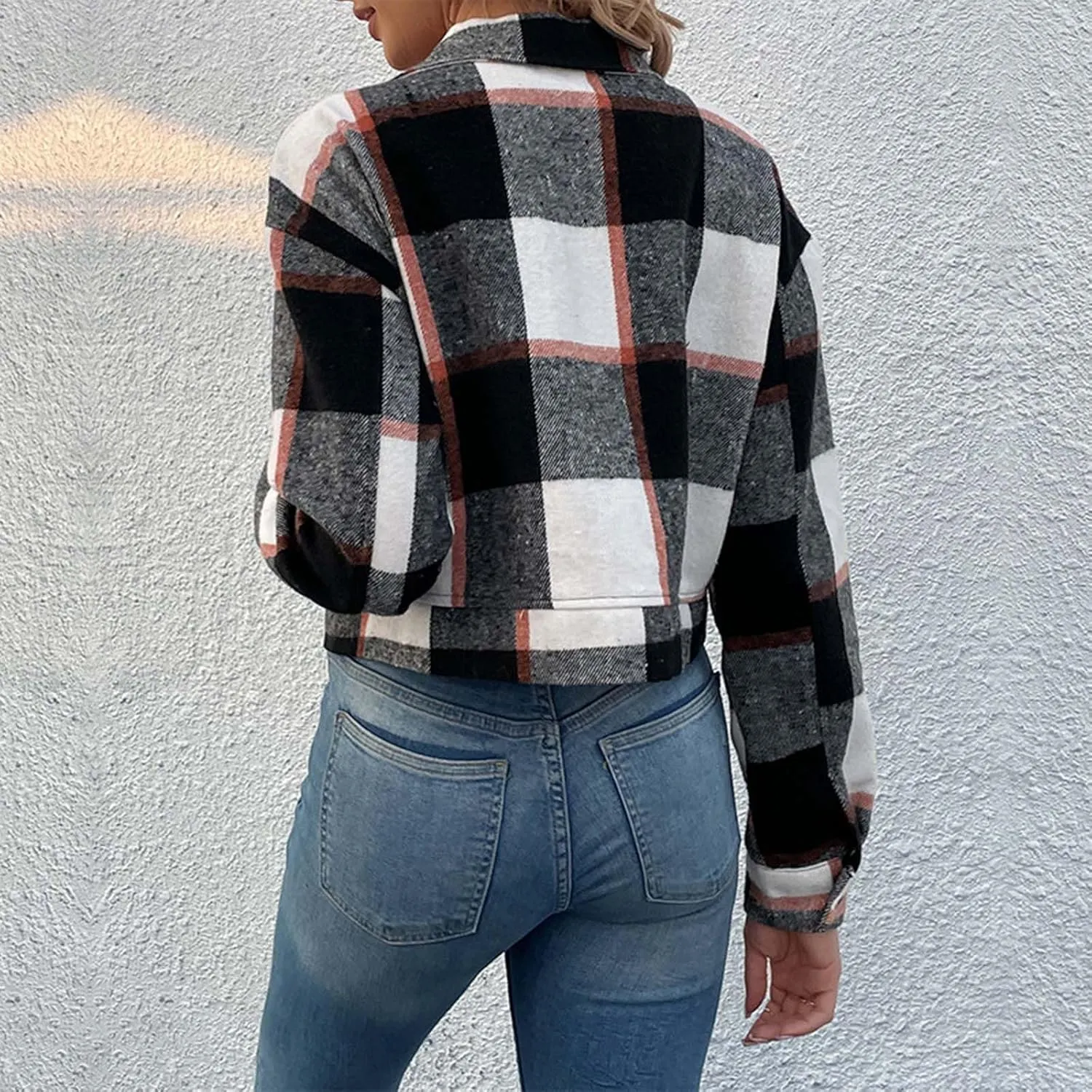 SMIDOW Women's Flannel Plaid Cropped Shacket Jacket Lapel Button Down Fall Fashion 2023 Woolen Coats Outerwear Casual Jackets