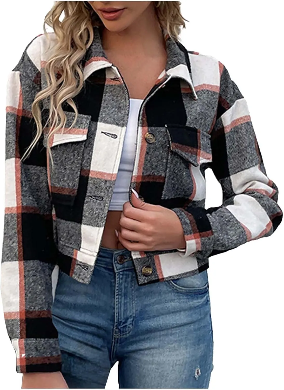 SMIDOW Women's Flannel Plaid Cropped Shacket Jacket Lapel Button Down Fall Fashion 2023 Woolen Coats Outerwear Casual Jackets