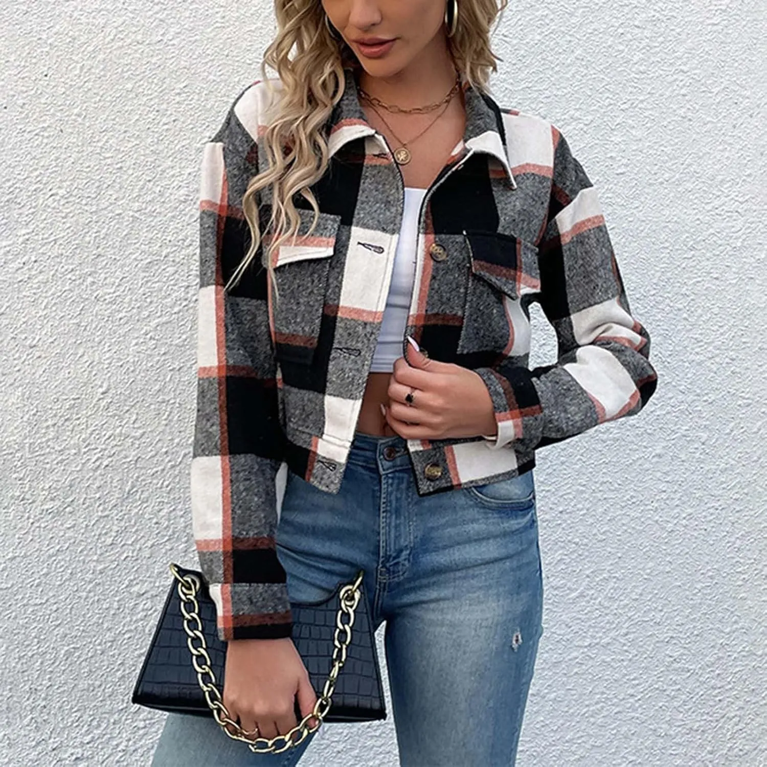 SMIDOW Women's Flannel Plaid Cropped Shacket Jacket Lapel Button Down Fall Fashion 2023 Woolen Coats Outerwear Casual Jackets