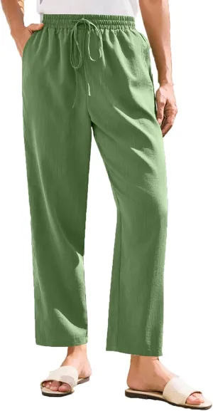 Solid Pants for Women Cotton Drawstring Elastic High Waist Pant Summer Work Vacation Trousers with Pockets