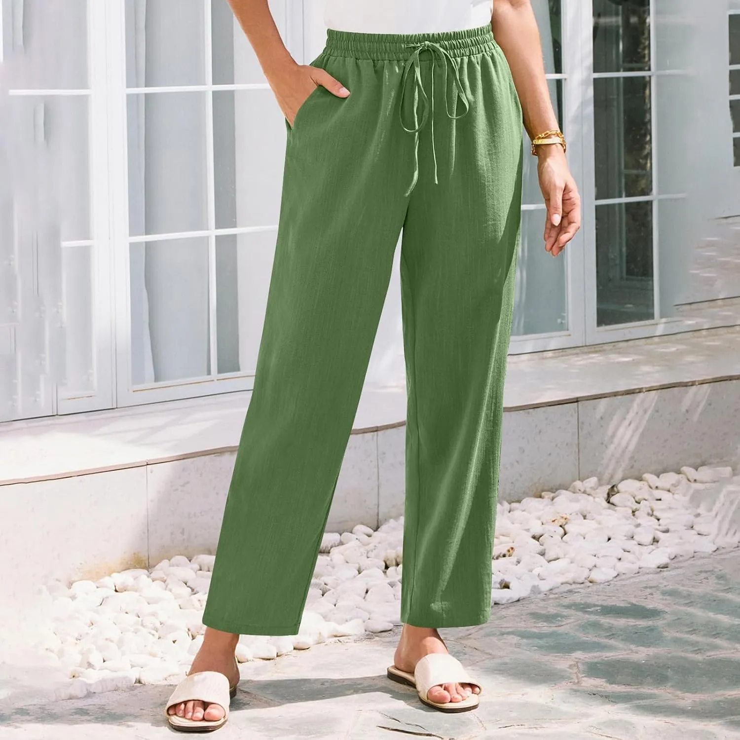 Solid Pants for Women Cotton Drawstring Elastic High Waist Pant Summer Work Vacation Trousers with Pockets