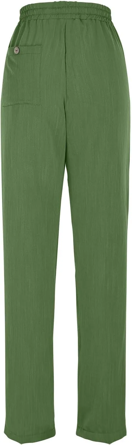 Solid Pants for Women Cotton Drawstring Elastic High Waist Pant Summer Work Vacation Trousers with Pockets