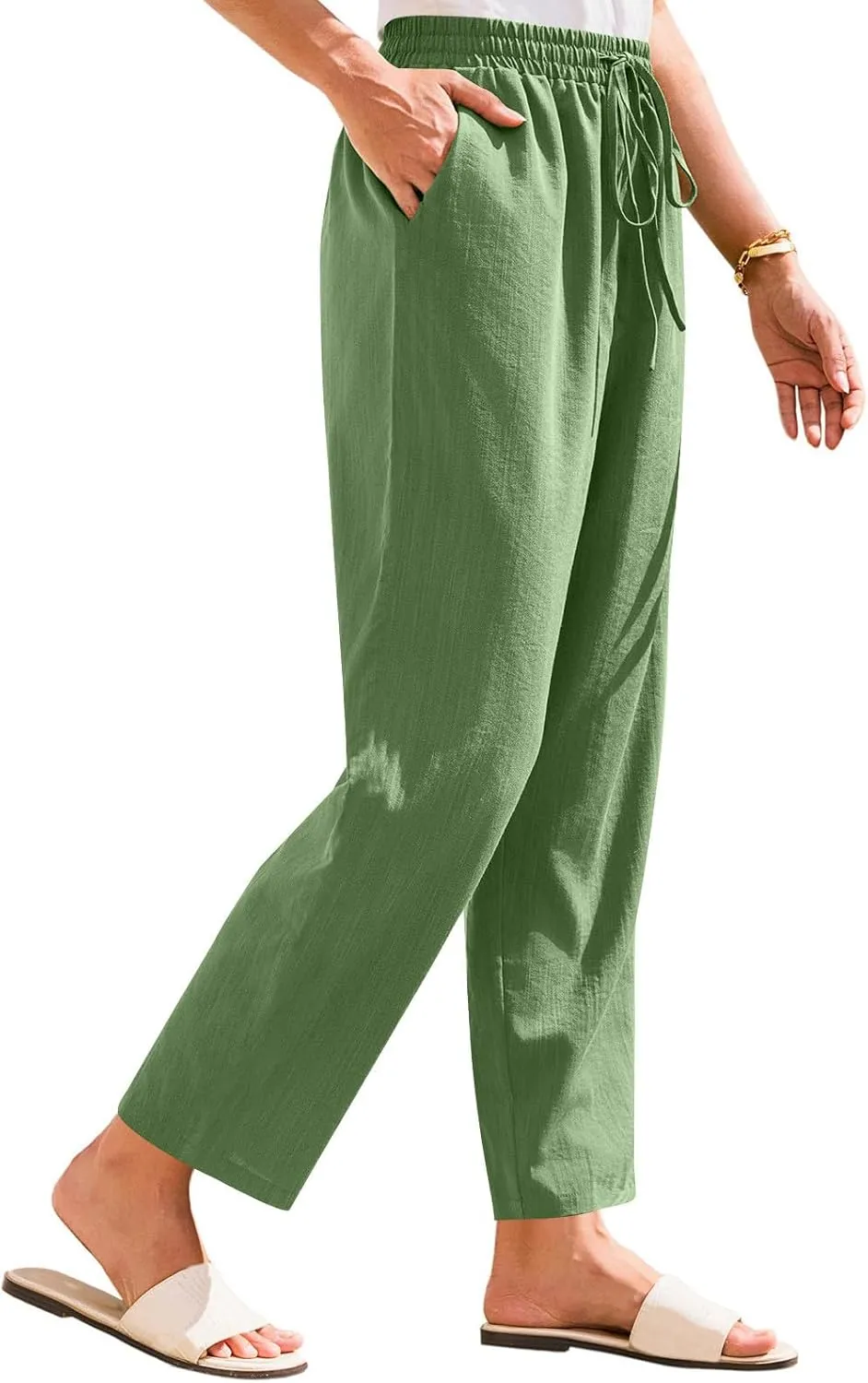 Solid Pants for Women Cotton Drawstring Elastic High Waist Pant Summer Work Vacation Trousers with Pockets