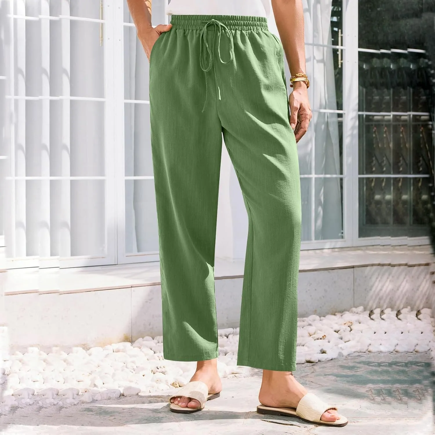 Solid Pants for Women Cotton Drawstring Elastic High Waist Pant Summer Work Vacation Trousers with Pockets