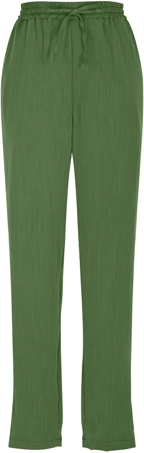 Solid Pants for Women Cotton Drawstring Elastic High Waist Pant Summer Work Vacation Trousers with Pockets