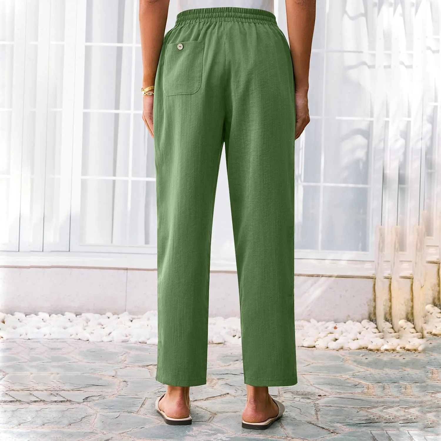 Solid Pants for Women Cotton Drawstring Elastic High Waist Pant Summer Work Vacation Trousers with Pockets