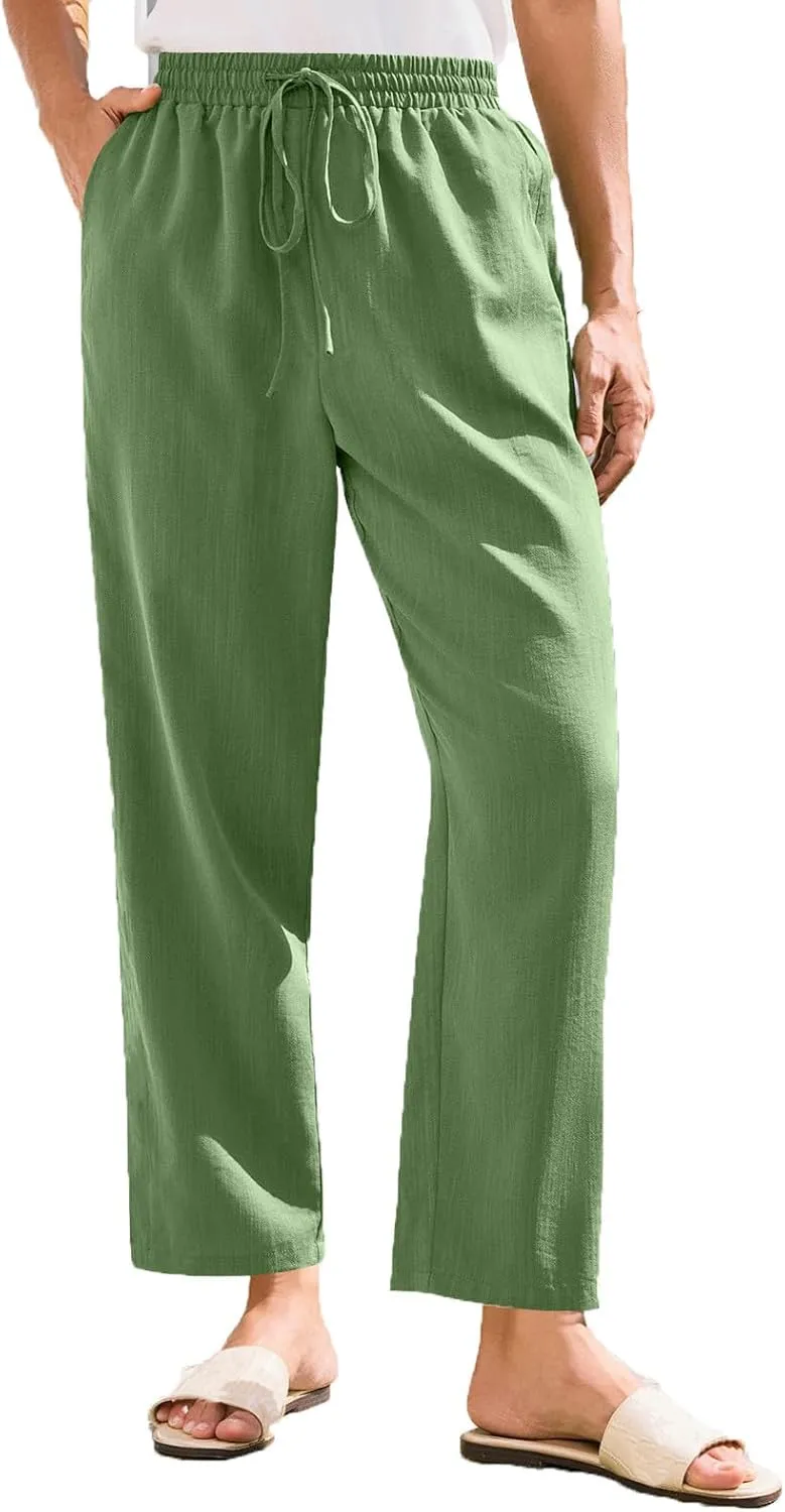 Solid Pants for Women Cotton Drawstring Elastic High Waist Pant Summer Work Vacation Trousers with Pockets