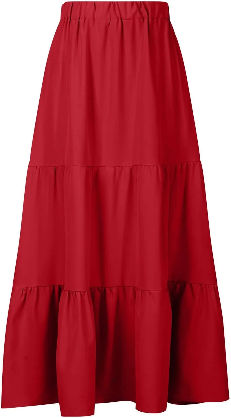 Spring Summer Boho Ruffle Skirts for Women Casual High Waist Maxi Skirt with Pocket, Ladies Bohemian Beach Skirt