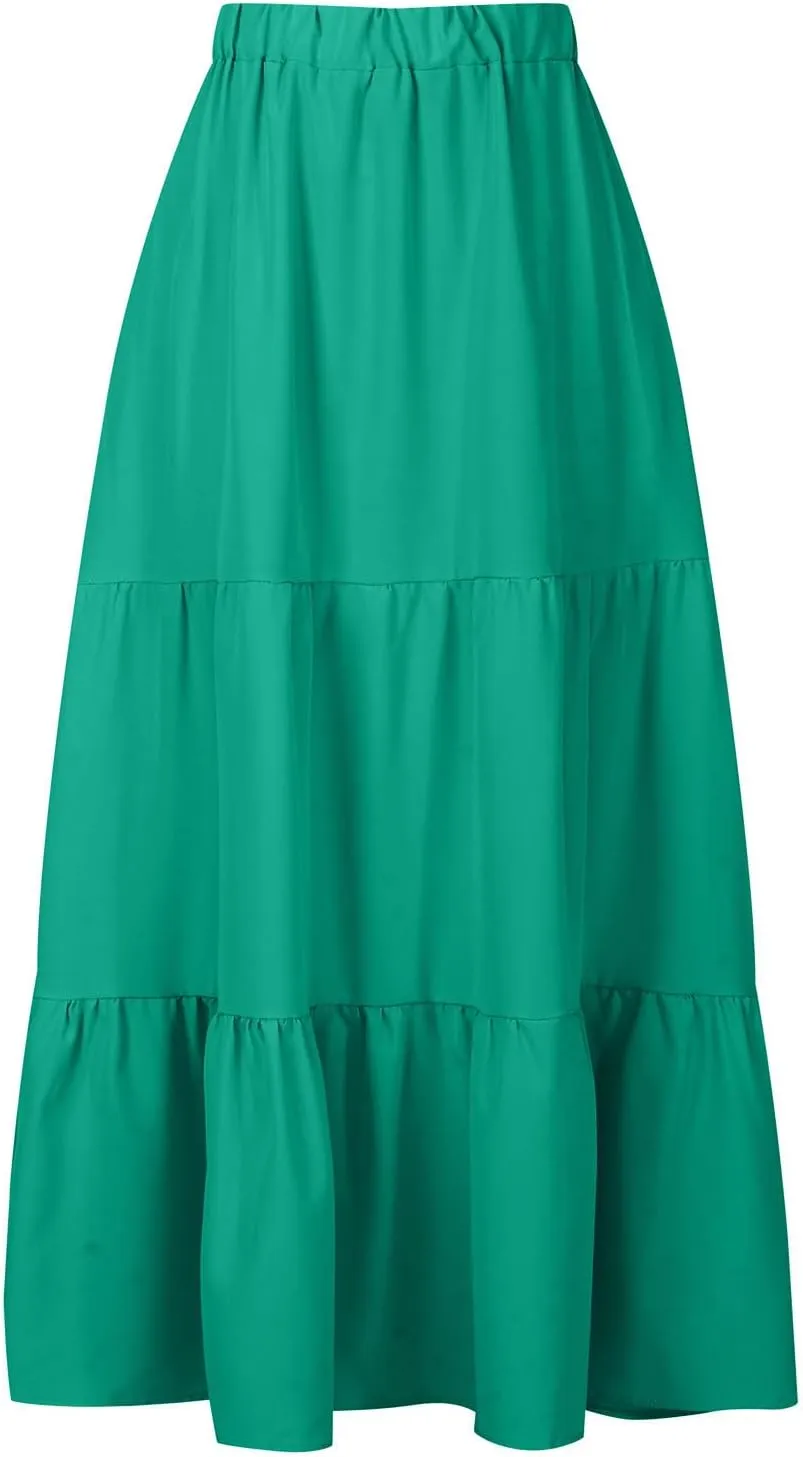 Spring Summer Boho Ruffle Skirts for Women Casual High Waist Maxi Skirt with Pocket, Ladies Bohemian Beach Skirt