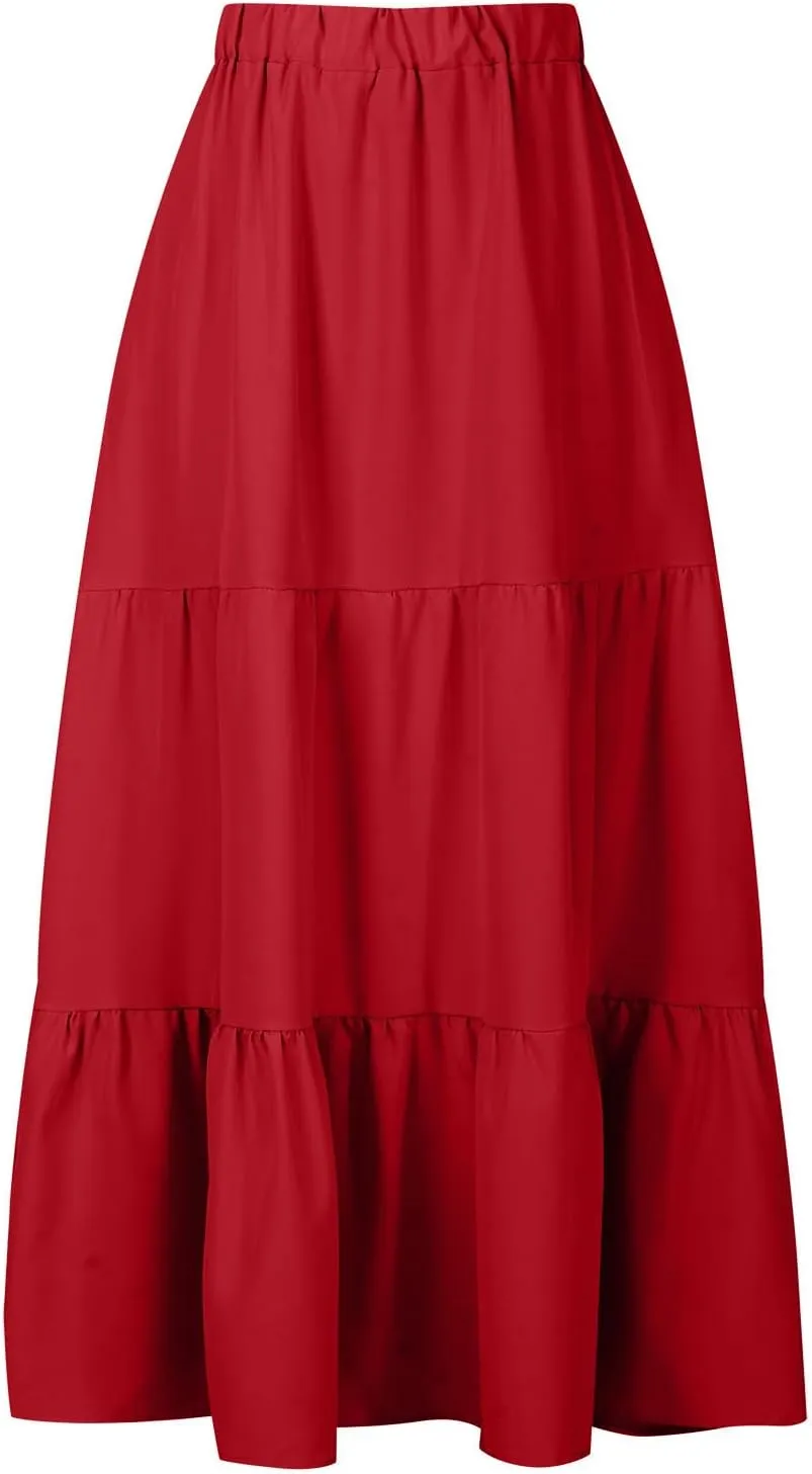 Spring Summer Boho Ruffle Skirts for Women Casual High Waist Maxi Skirt with Pocket, Ladies Bohemian Beach Skirt