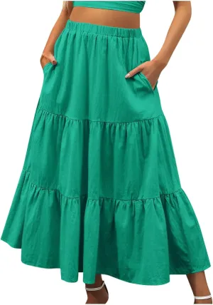 Spring Summer Boho Ruffle Skirts for Women Casual High Waist Maxi Skirt with Pocket, Ladies Bohemian Beach Skirt
