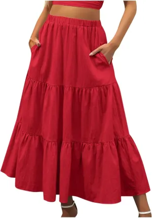 Spring Summer Boho Ruffle Skirts for Women Casual High Waist Maxi Skirt with Pocket, Ladies Bohemian Beach Skirt