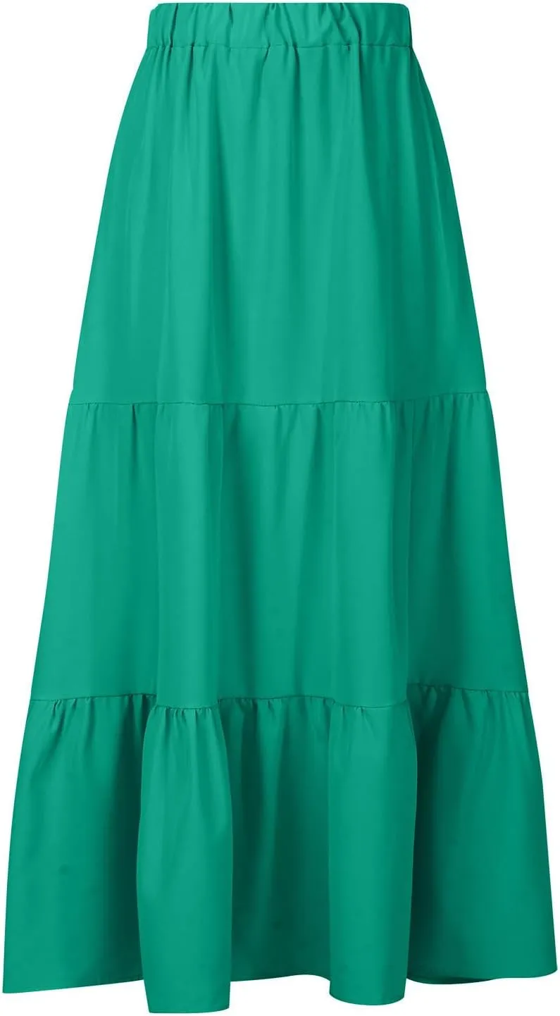 Spring Summer Boho Ruffle Skirts for Women Casual High Waist Maxi Skirt with Pocket, Ladies Bohemian Beach Skirt