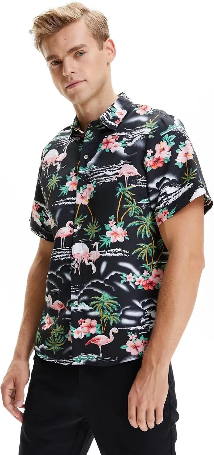 SSLR Pack Hawaiian Shirt for Men Flamingo Short Sleeve Casual Button Down Shirts Summer Beach Shirt
